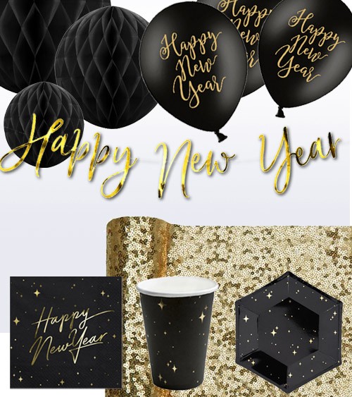 Silvester-Deko-Set "Happy New Year" - schwarz & gold - 43-teilig