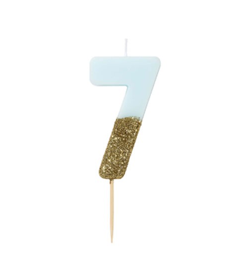 Zahlenkerze "7" - mit Goldglitter - blau