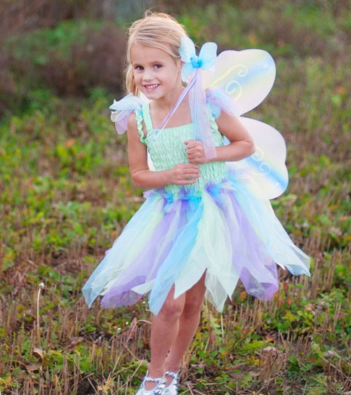Schmetterlings-Kleid mit Flügeln & Stab - Farbmix Grün - 5 - 6 Jahre