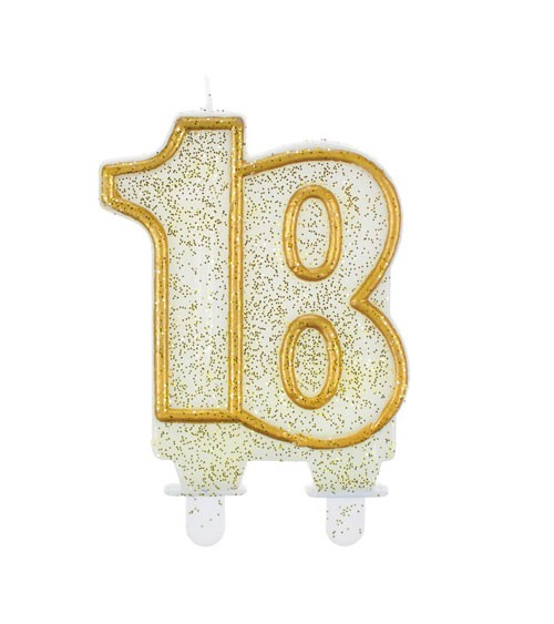 Kerze "18. Geburtstag" mit goldenem Glitter - 8 cm