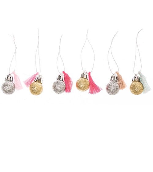 Mini-Glitzerkugeln mit Tasseln - neon pastell - 6-teilig