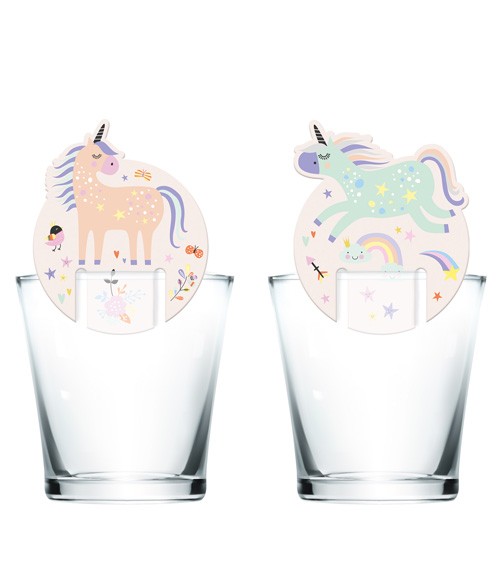 Praktische Glasmarker mit pastellfarbenen Einhorn-Motiven in 2 Designs. Ideal für fantasievolle Kindergeburtstagspartys. Aus festem Papier. Maße: 6,5 x 7,5 cm