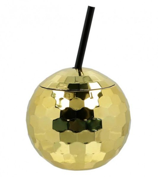 Discokugel-Becher mit Trinkhalm - gold - 600 ml
