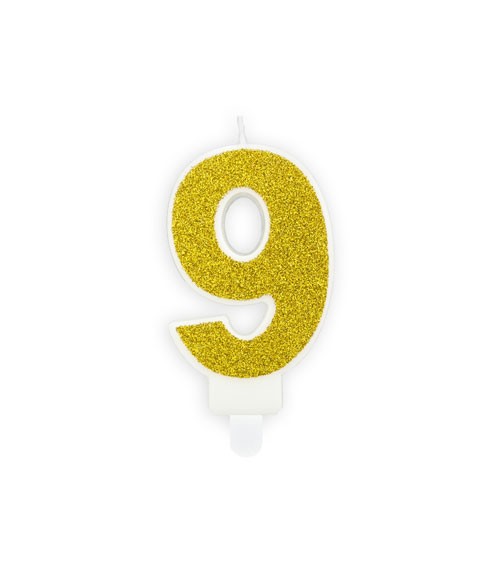 Zahlenkerze mit Glitter "9" - gold - 7 cm