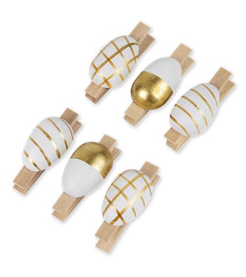 Holzklammern mit Osterei - weiß & gold - 6 Stück