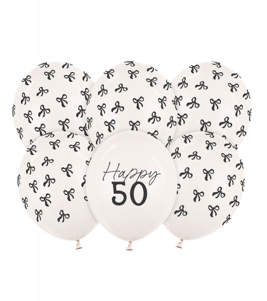 Luftballons mit Schleifen "Happy 50" - off-white - 6 Stück