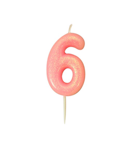 Geburtstagskerze mit Glitter "6" - rosa