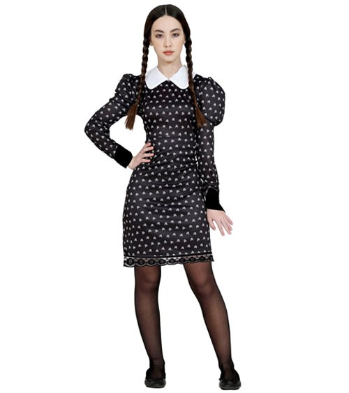 Schwarzes Kostümkleid mit Mini-Totenköpfen