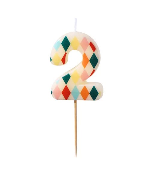 Kuchenkerze Zahl 2 - Bunte Rauten - 5,5 cm