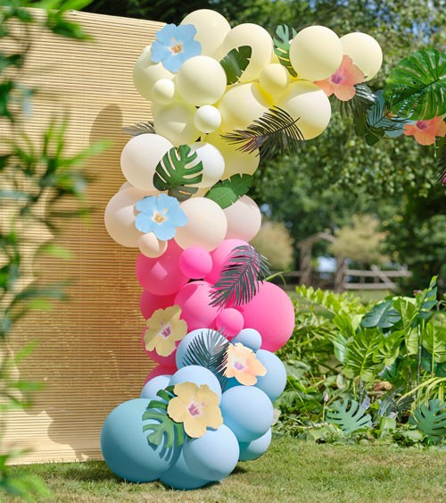 Ballongirlande mit Papierblüten - blau, pink, grün & gelb