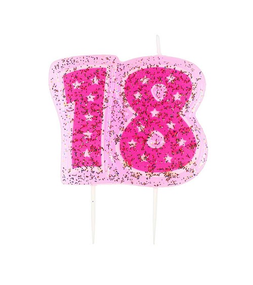 Zahlenkerze mit Glitter "18" - pink - 5,5 cm