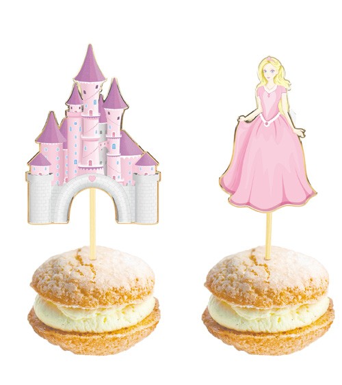 Niedliche Picks mit Prinzessinnen und Schloss in schönen Rosatönen und goldglänzendem Rand für Cupcakes, Törtchen und anderes. Aus Papier, mit Holzstäbchen. 