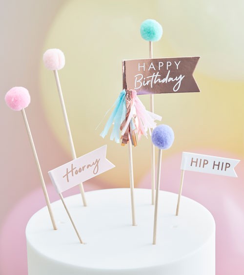 Cake Topper Set mit Pompons & Tasseln "Happy Birthday" - 11-teilig