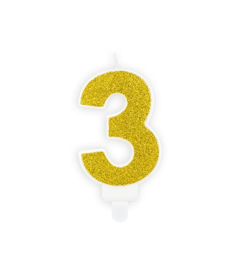 Zahlenkerze mit Glitter "3" - gold - 7 cm