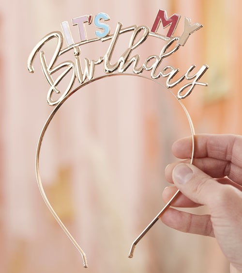 Haarreifen aus Metall "It's My Birthday" - gold & pastell