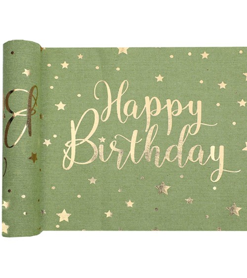 Tischläufer aus Baumwolle "Happy Birthday" - olive & gold - 28 cm x 3 m