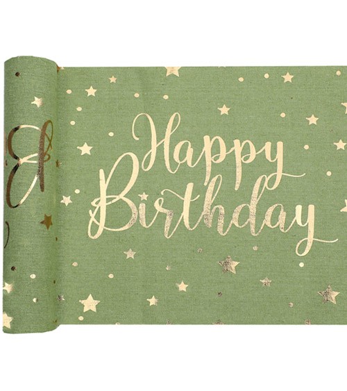 Tischläufer aus Baumwolle "Happy Birthday" - olive & gold - 28 cm x 3 m