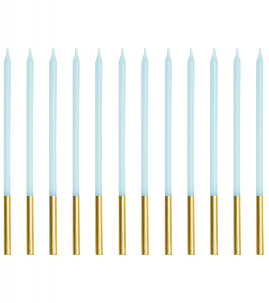 Lange Kuchenkerzen - pastellblau & gold - 14 cm - 12 Stück