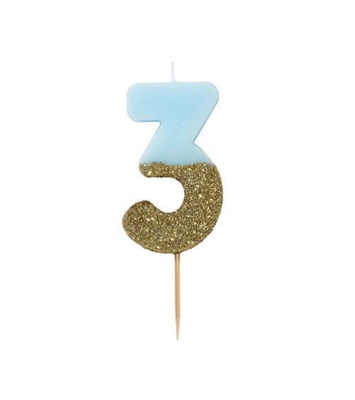 Zahlenkerze "3" - mit Goldglitter - blau