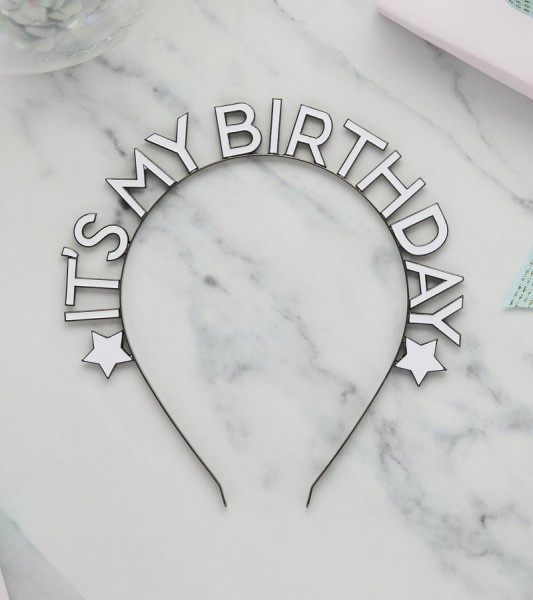 Haarreif aus Metall "It's my Birthday" - weiß & silber