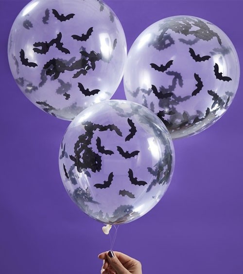 Transparente Ballons mit Fledermaus-Konfetti - 5 Stück