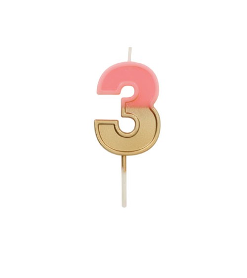 Geburtstagskerze Zahl "3" - Retro - rosa, gold