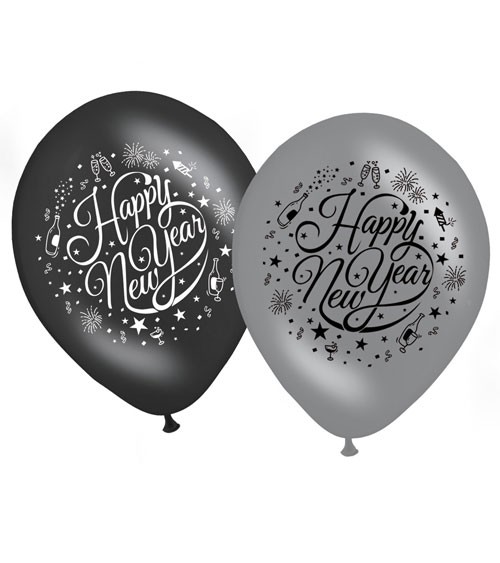 Luftballon-Set "Happy New Year" - schwarz/silber - 8 Stück