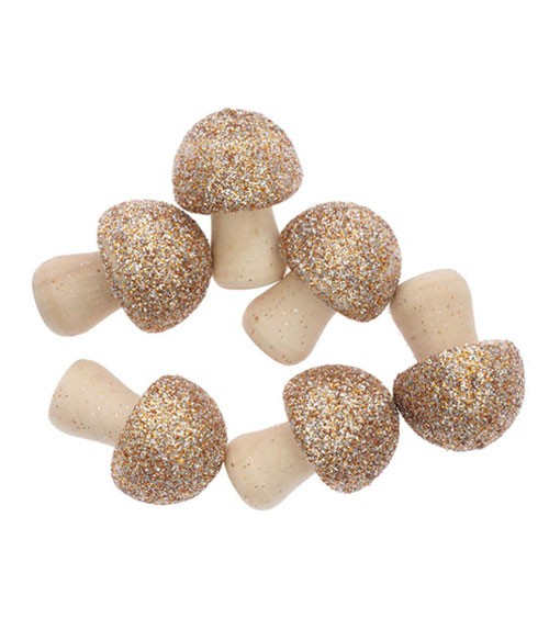 Mini-Pilze aus Holz mit Gold-Silber-Glitter - 6 Stück