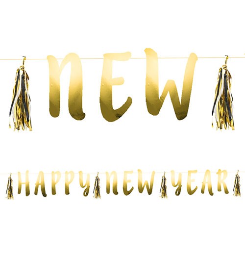 Happy New Year Girlande mit Tasseln - metallic gold - 2,10 m