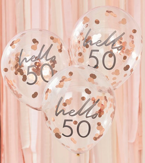 Konfettiballons "hello 50" - rosegold - 5 Stück