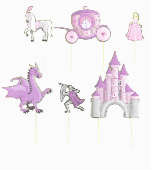 Märchenhaftes Tortentopper Deko-Set mit sechs verschiedenen Motiven wie Prinzessin, Ritter und Schloss, in Rosa und Lila sowie Goldapplikationen.