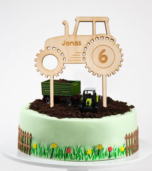 Dein Cake-Topper "Traktor" aus Holz - Wunschtext