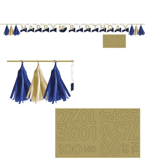 Happy Birthday-Girlande mit Tasseln "Navy & Gold" - 256 cm