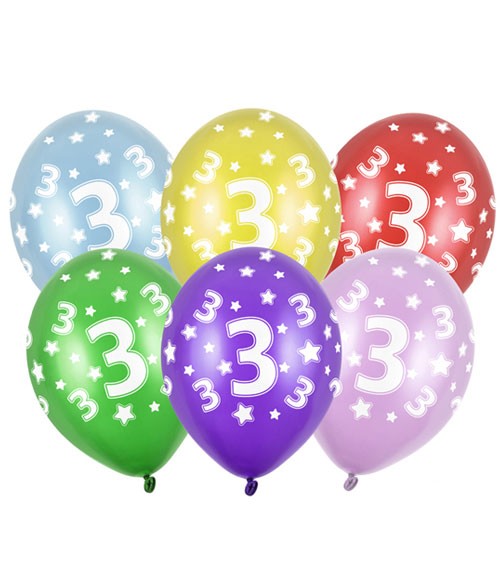 Metallic-Luftballons "3" mit Sternen - 6 Stück