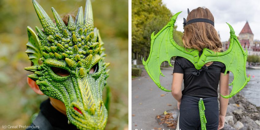 Verkleidung als gefährlicher Drache bestehend aus Maske, Flügeln und Schweif (c) Great Pretenders