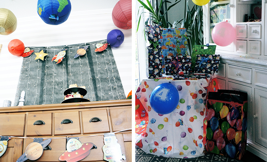 Geschenkpapier mit Weltraummotiven und ein Sweet Table aus einer anderen Dimension