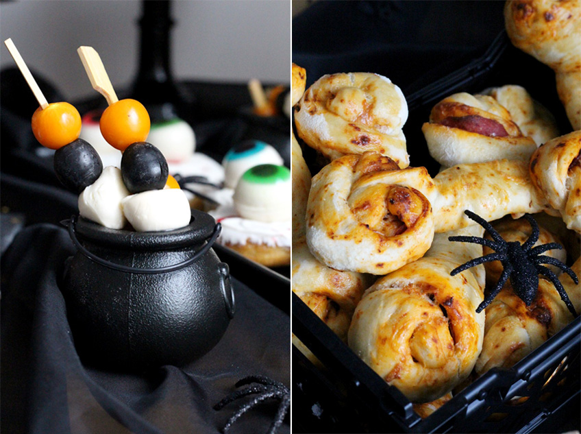 Snack zu Mitternacht - orange, schwarz, weiße Halloween-Spieße und Pizza-Schnecken Snack zu Mitternacht - orange, schwarz, weiße Halloween-Spieße und Pizza-Schnecken