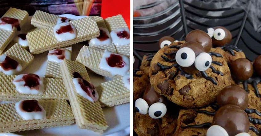 Waffel-Pflaster und Spinnen-Cookies auf dem Halloween Sweet Table Waffel-Pflaster und Spinnen-Cookies auf dem Halloween Sweet Table