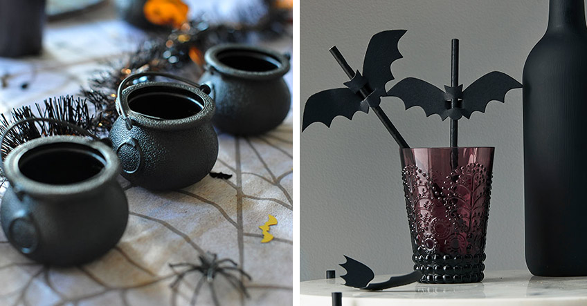 Verwende in der Tischdeko elegante Halloween-Motive wie Hexenkessel und Fledermäuse Verwende in der Tischdeko elegante Halloween-Motive wie Hexenkessel und Fledermäuse