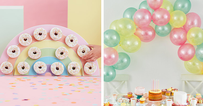 Regenbogendeko in Pastell - Ballongirlande und Donutwall Regenbogendeko in Pastell - Ballongirlande und Donutwall