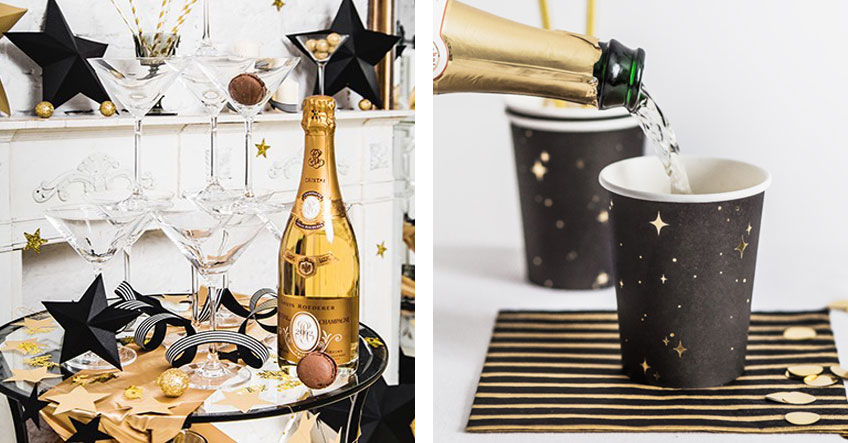Eine Silvesterbar in Schwarz und Gold schafft erwachsenes Ambiente Eine Silvesterbar in Schwarz und Gold schafft erwachsenes Ambiente