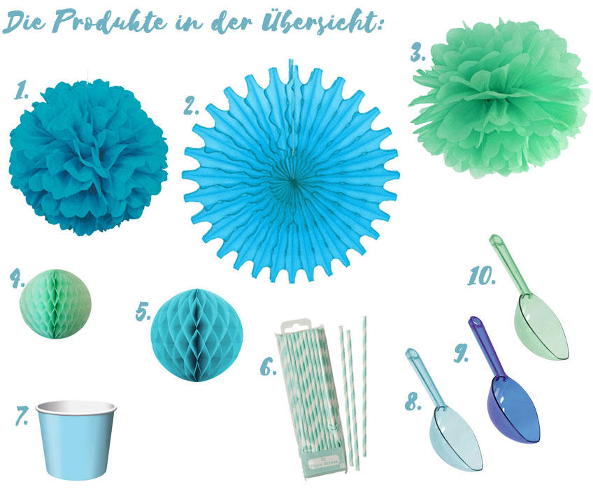 Die wunderschönen Produkte in Aqua-Tönen verschönern auch eure Party im Handumdrehen. Alle Produkte, mit denen ihr den Aqua Sweet-Table ganz einfach nachstylen könnt.