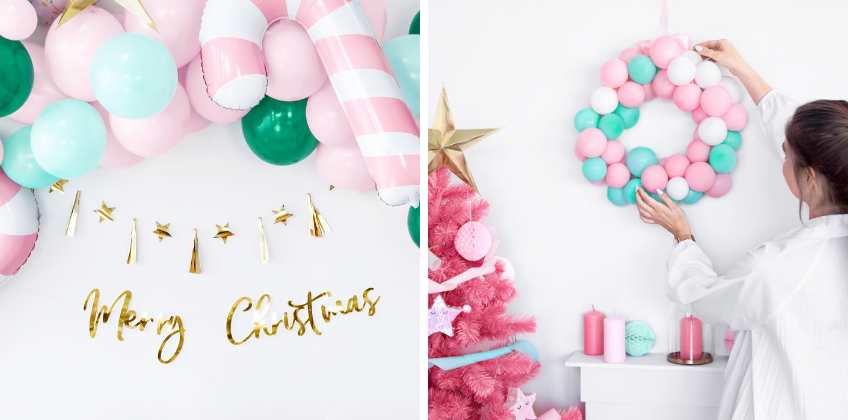 Rosarote Weihnachtsdeko mit Ballongirlande mit Motivballons und Adventskranz aus Luftballons Rosarote Weihnachtsdeko mit Ballongirlande mit Motivballons und Adventskranz aus Luftballons
