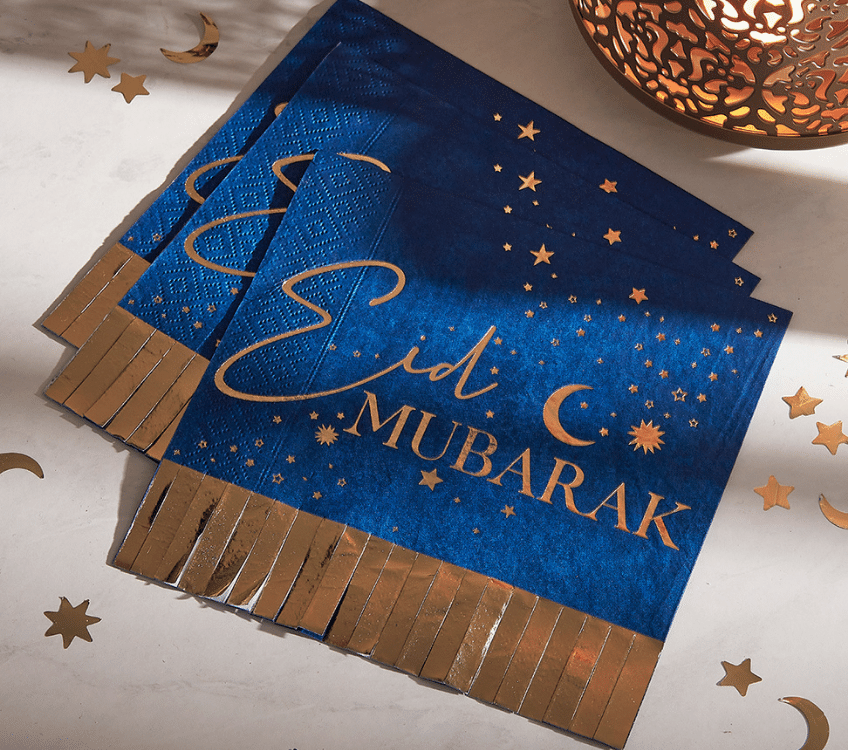 “Eid Mubarak” Schriftzüge verbreiten ein feierliches Gefühl passend zum Anlass, z.B. auf Servietten 