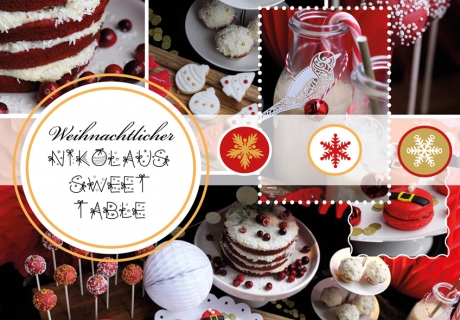 Der leckere Sweet Table mit weißen und roten Highlights sieht richtig weihnachtlich aus